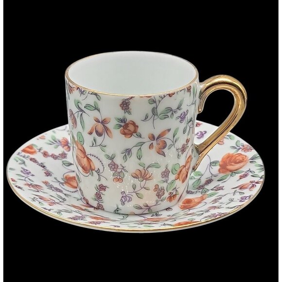 Demitasse Teacup & Saucer By Norcrest CF351 Red Rose Gold Trim Expresso Vintage - Picture 1 of 11